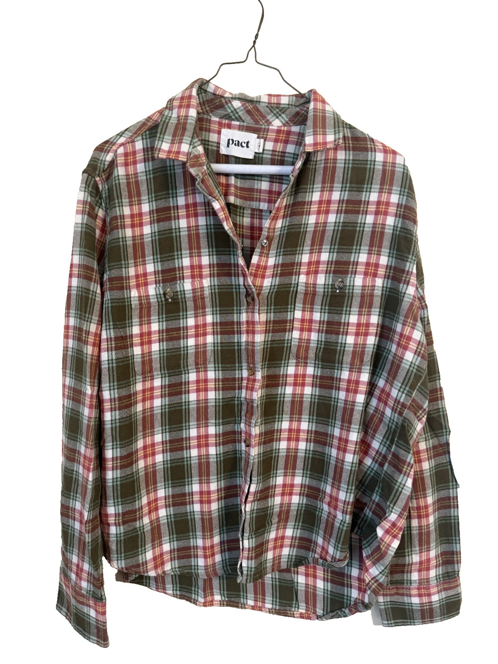 Pact Flannel Green/Burgandy Rose Plaid Womens Size M Gorpcore Hiking Outdoors